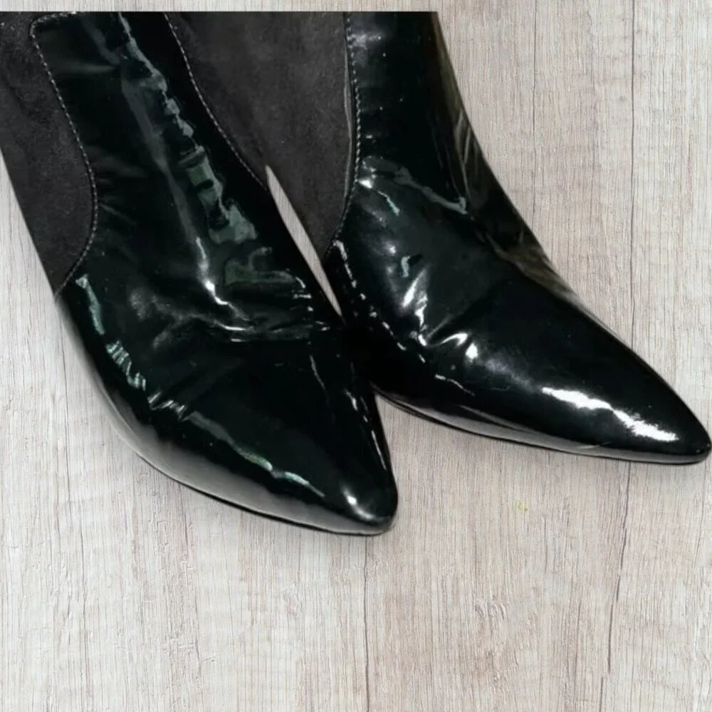 Kate Spade Black Suede Patent Leather Pointed Toe Stiletto Boots Womens 6.5